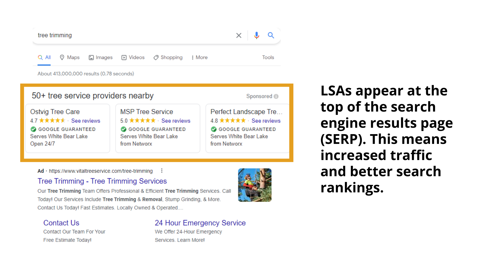 Google Local Services Ad (LSA) profile for "Clean Taps Plumbing," featuring two images of plumbers at work. The profile shows a blue verified checkmark badge next to the business name.